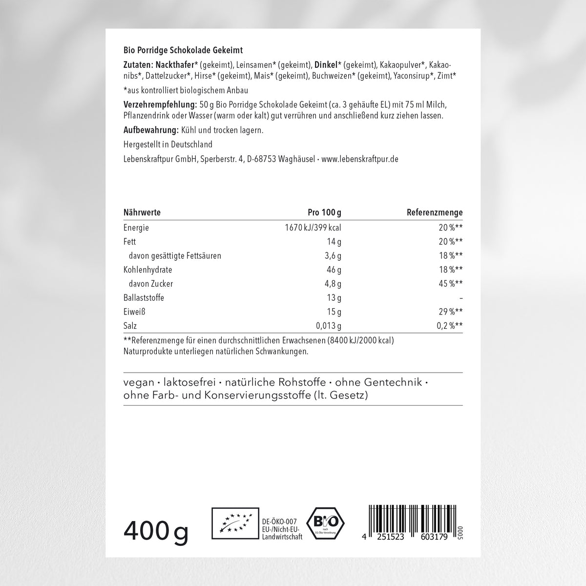 Bio Porridge Schokolade Gekeimt