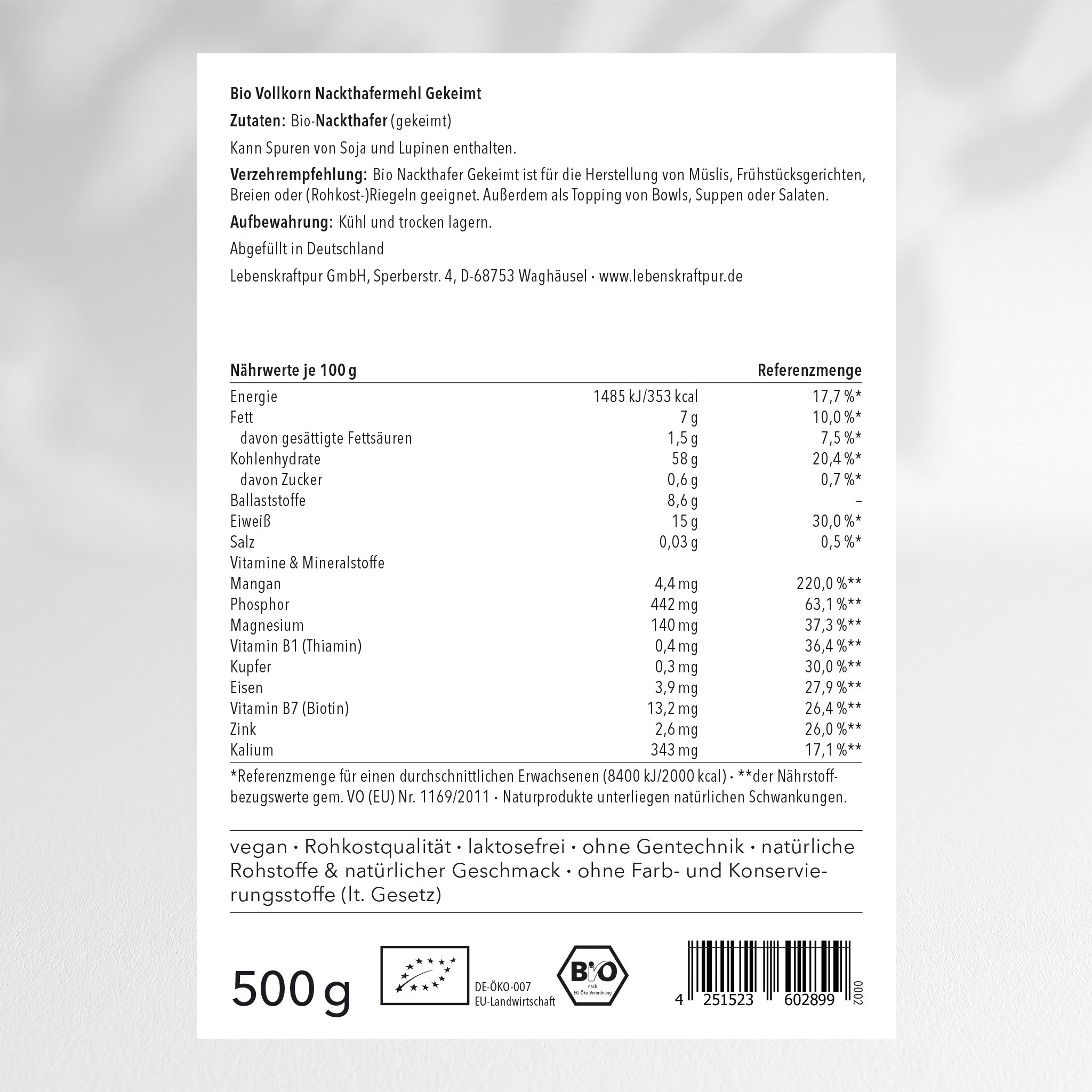 Bio Vollkorn Nackthafermehl Gekeimt