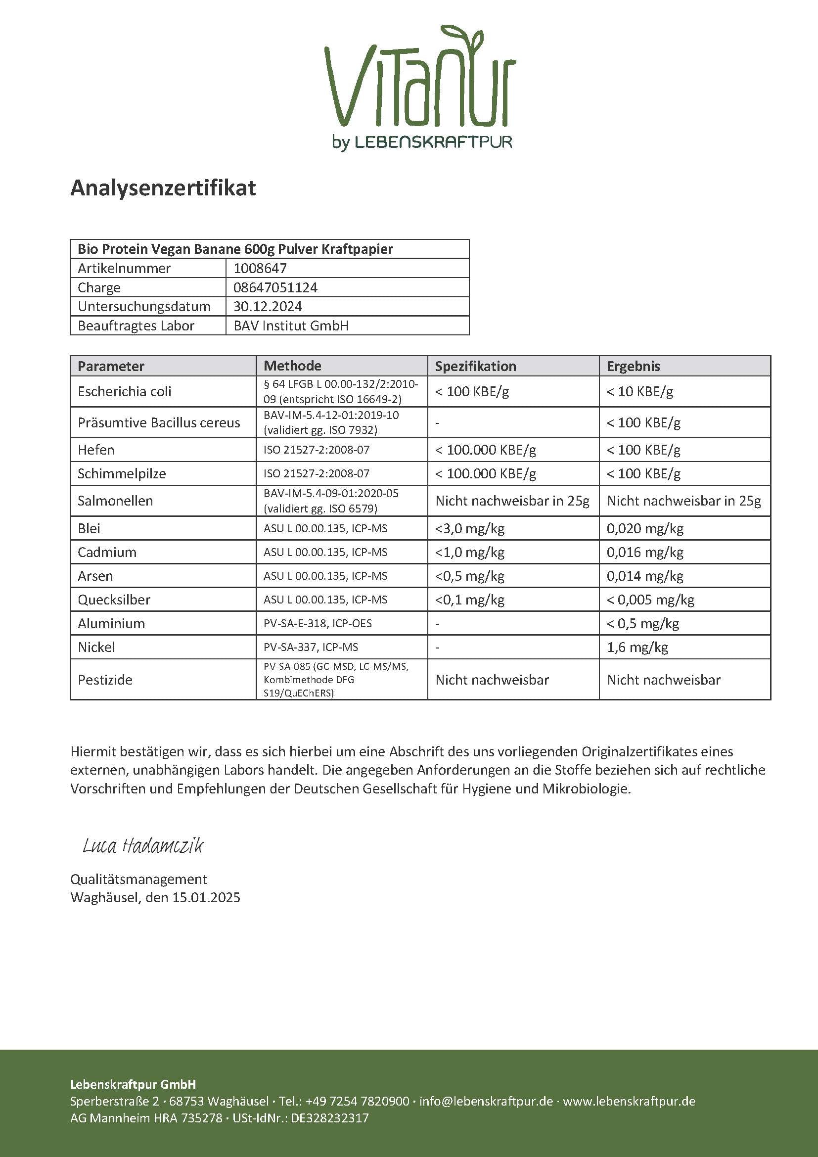 Produktbild Bio Protein Vegan Banane Pulver